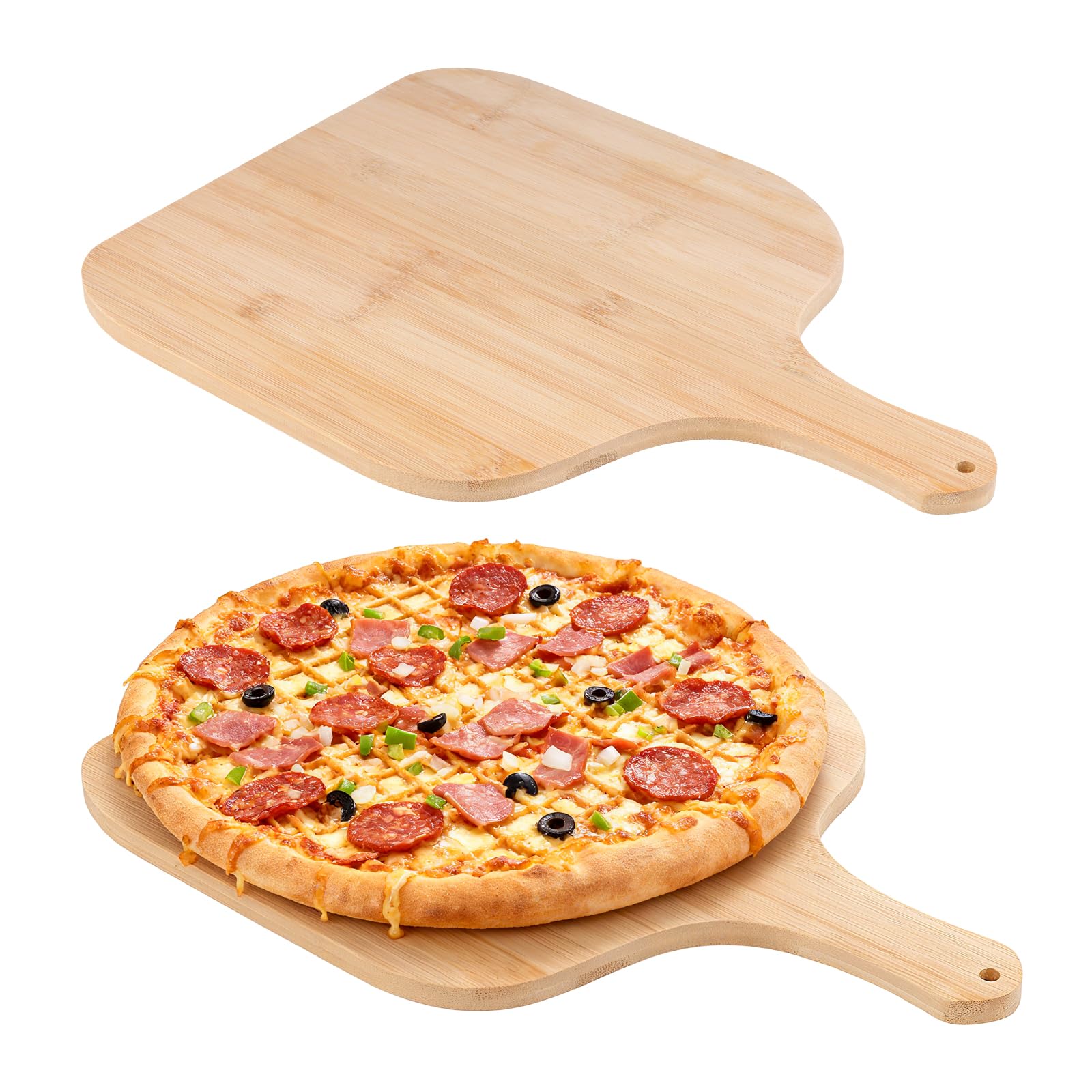 JIAYUET 2Pcs Bamboo Pizza Peel, 12 inch Pizza Paddle with Handle Dual Use for Cutting Board Slice for Bread, Cheese, Vegetable, Fruits