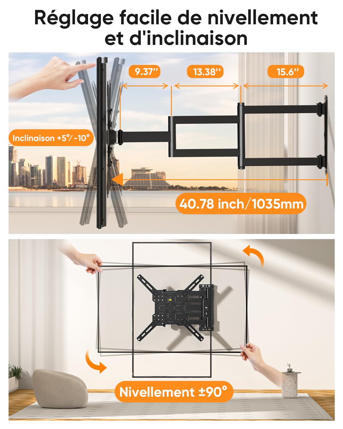 FORGING MOUNT Support Mural TV à Longue portée Support TV d'angle pour TV de 26 à 65 Pouces, Bras Extensible de 1035 mm avec Fixation Murale TV Paysage ou Portrait, VESA Max 400x400mm, jusqu'à 35kg