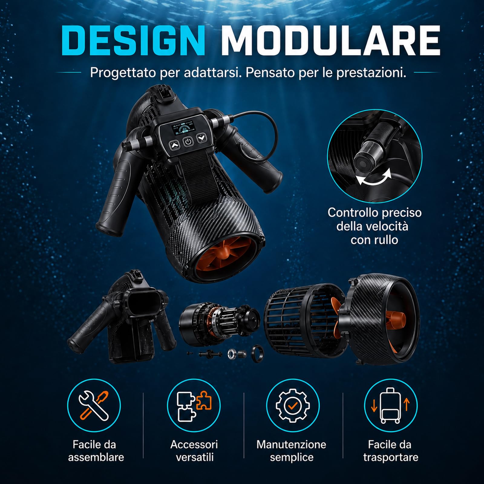 Sea Scooter 650W, velocità 7 km/h e profondità 40 m, Spinta Potente per Allenamento in Piscina Adulti, Snorkeling, Attrezzatura Subacquea e Alternativa ai Gonfiabili da Piscina