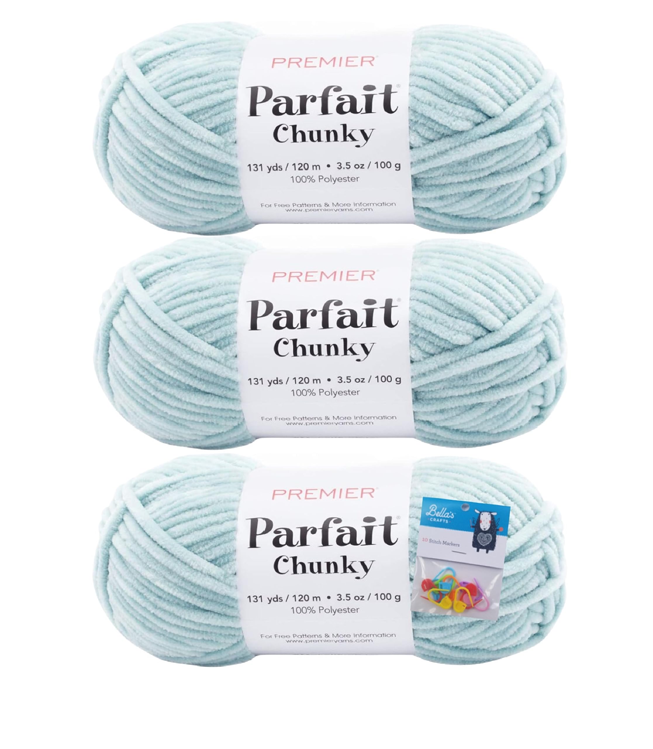 Premier Yarns Parfait Chunky Chenille Yarn 3.5 Oz 6 Super Bulky Weight 3 Pack Bundle with Bella's Stitch Place Holders (Rain)