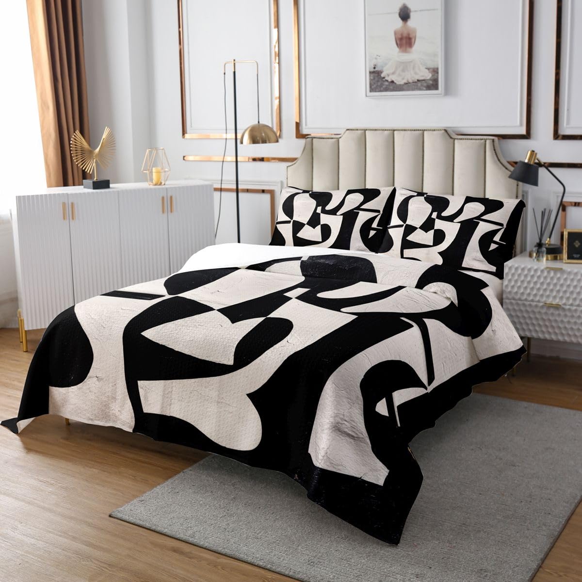 Homemissing Schwarz-Weiß Abstrakt Bettüberwurf Moderne Minimalistische Wohndecke für Jungen Mädchen Neutrale Kunst Tagesdecke 170x210cm 2Stück Zimmerdekoration Küche, Haushalt & Wohnen
