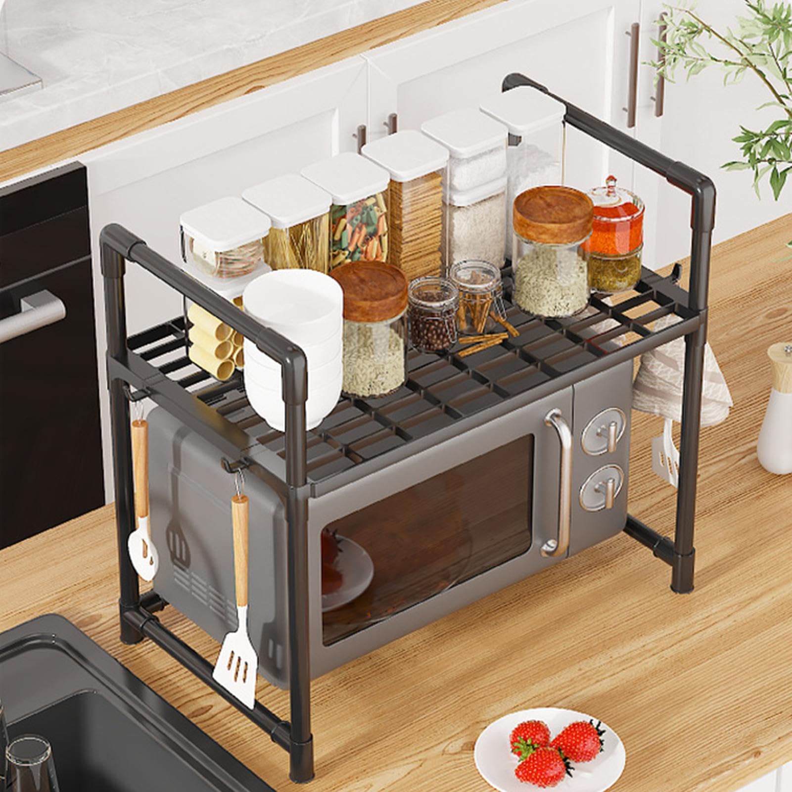 Support pour micro-ondes | Étagère à micro-ondes, organisateur de comptoir de cuisine, étagère multifonctionnelle pour micro-ondes avec crochets et rangement, étagère de cuisine peu