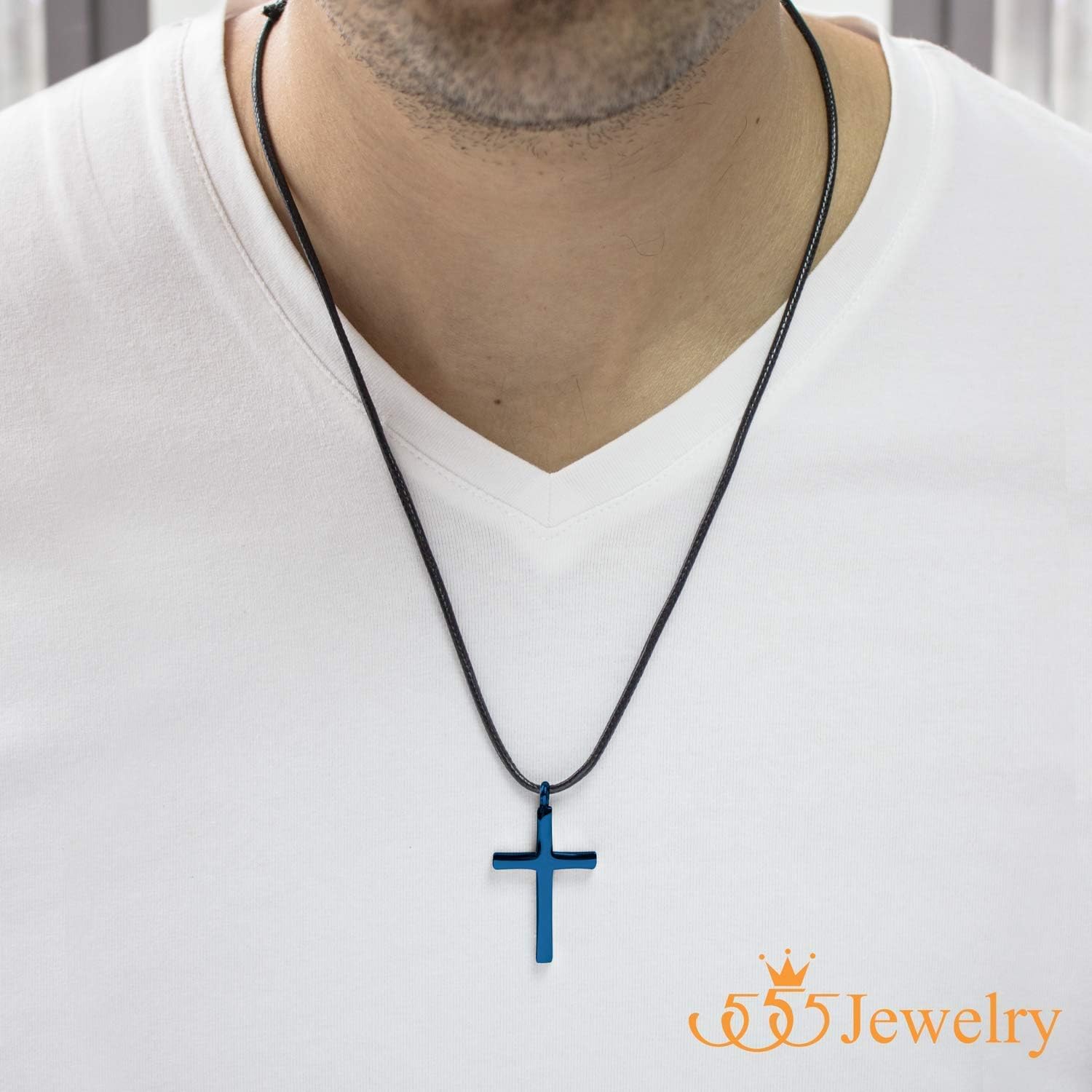 555Jewelry Stainless Steel Cross Necklace for Men - Cross Pendant with 18 Inch Adjustable Black Rope Cord - Mens Cross Necklaces - Image 3