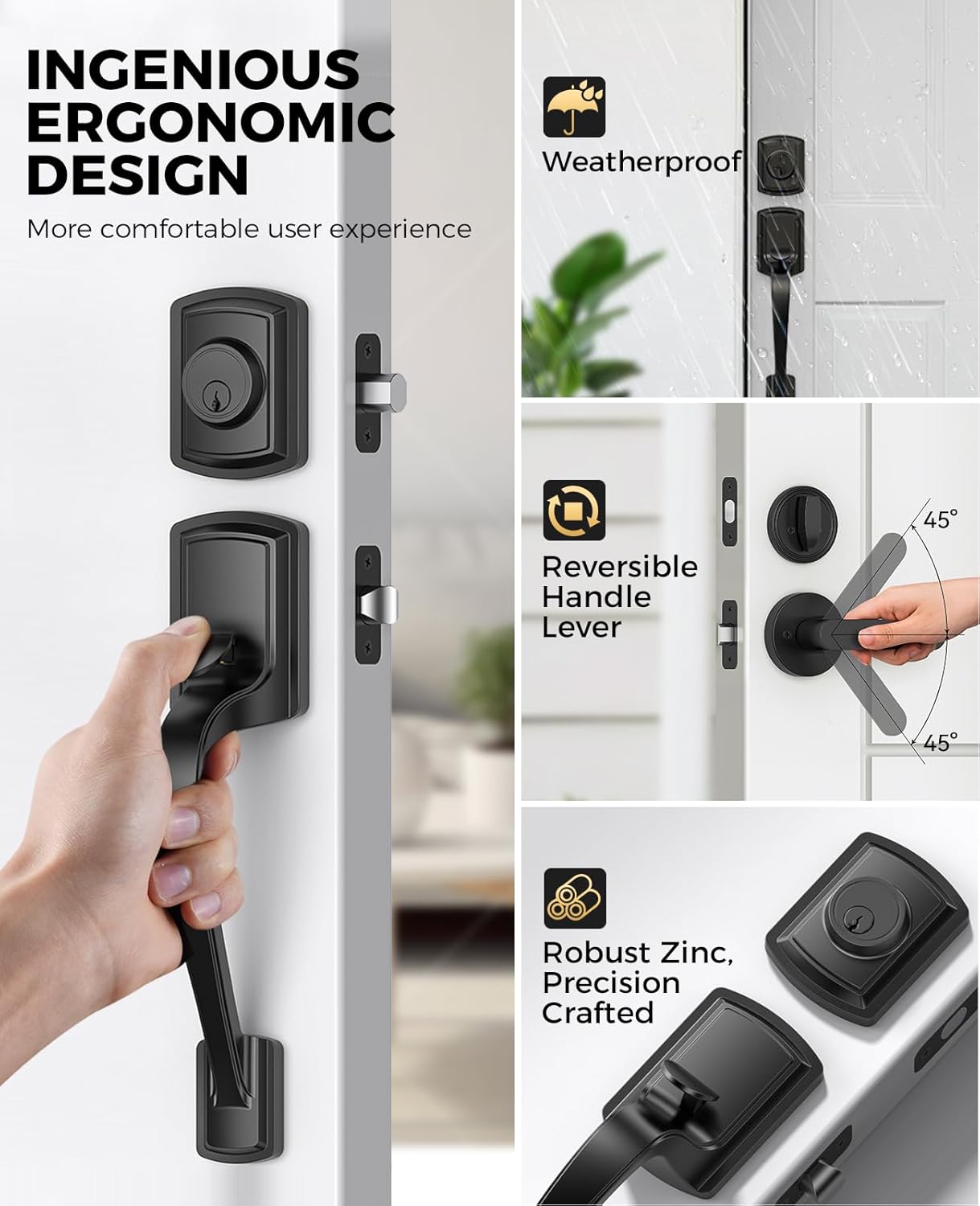 Front Door Handle and Deadbolt Set for Right & Left Handed, Front Door Lock Set with Single Cylinder Deadbolt, Entry Doors Locksets with Modern Exterior Handle, Reversible Lever, Matte Black