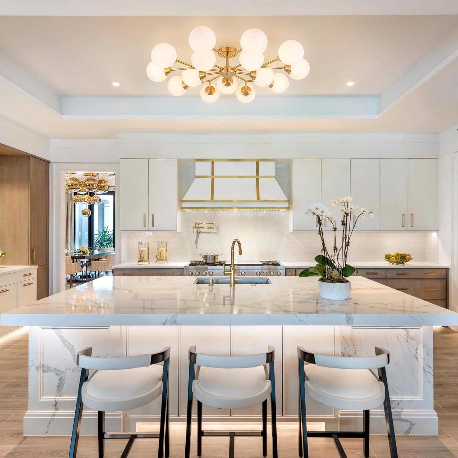 38.5" Semi Flush Mount Ceiling Light, 15-Light Modern Gold Ceiling Light Fixture with Opal Glass Globe, Mid-Century Large Sputnik Chandelier for Living Room Dining Room Hallway