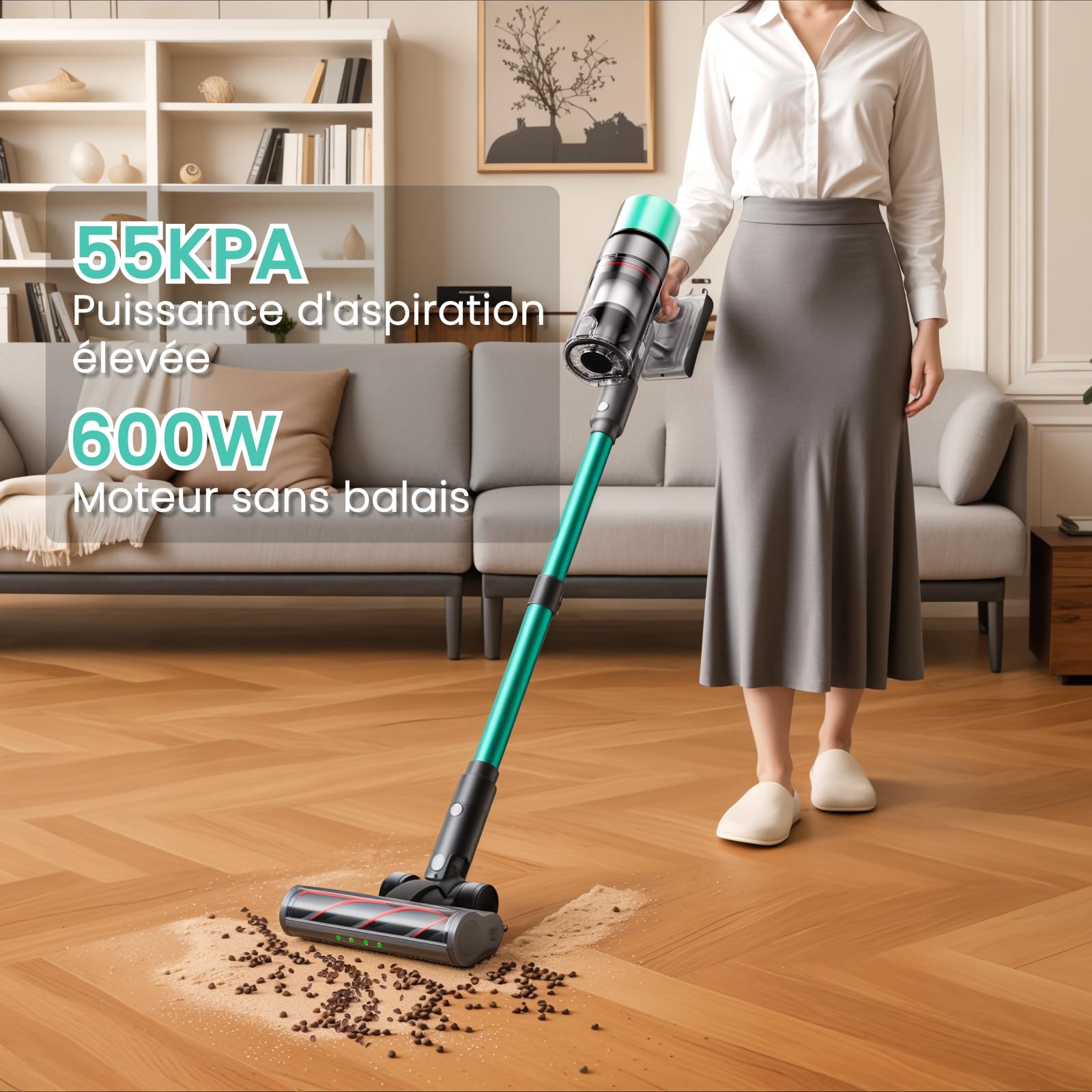 V5 Aspirateur Balai sans Fil, 55Kpa/600W/80Mins Aspirateur sans Fil Puissant, Autoportant Aspirateur Balai, Autonomie Ultra-Longue pour Tapis, Sols Durs, Poils d'animaux