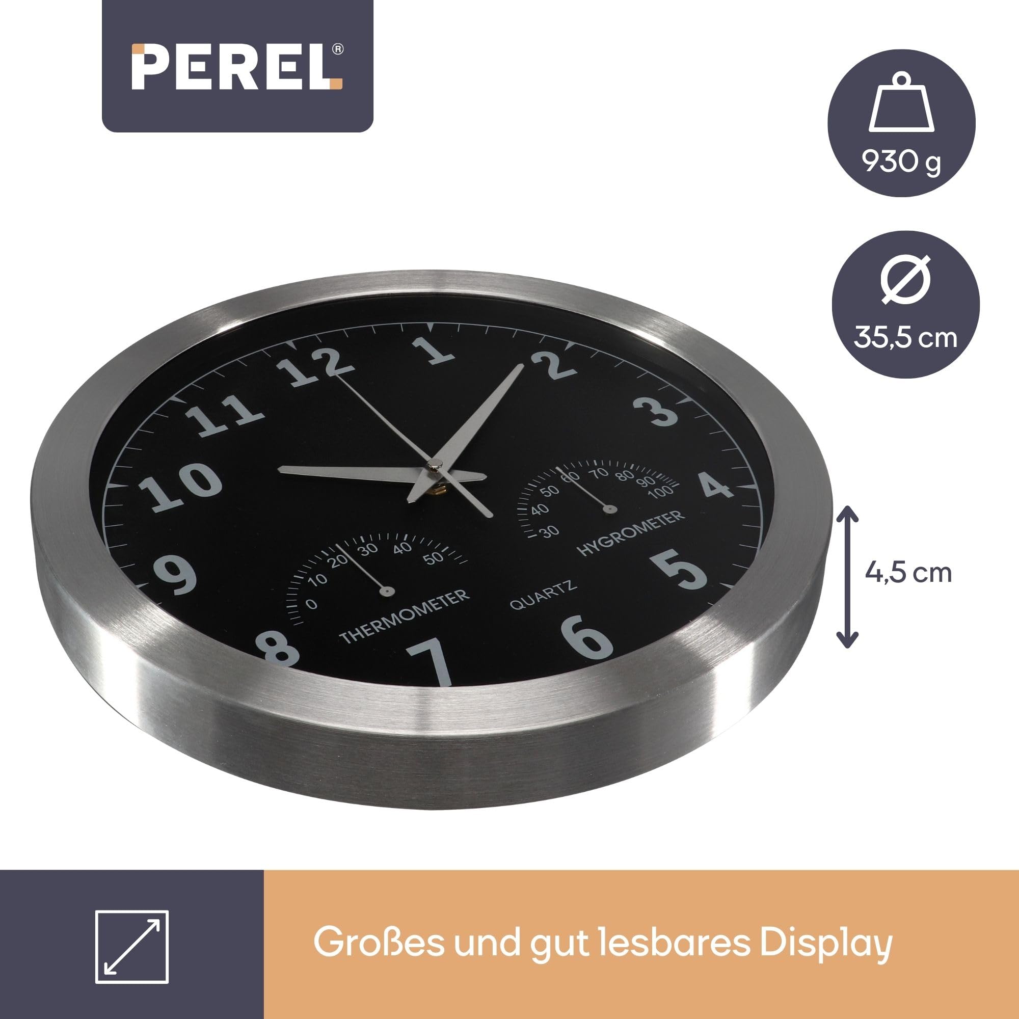 Perel Analoge Wanduhr 35,5 cm mit DCF-Zeitsynchronisation, Thermometer und Hygrometer, gut ablesbares Zifferblatt, silberner Aluminiumrahmen, Wohnzimmer Küche Büro Wartezimmer