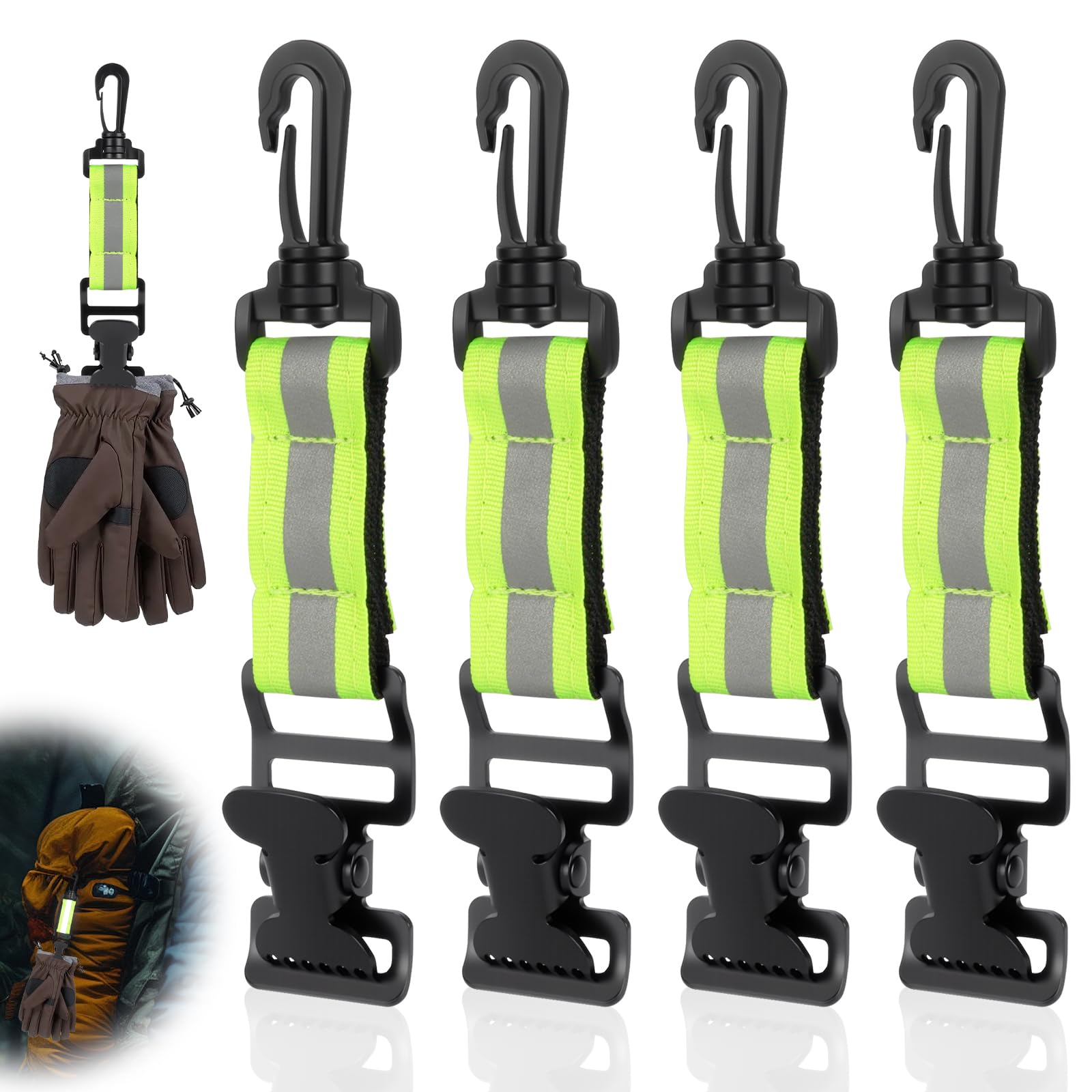 OFFCUP Work Glove Clip 4PCS - Fire Brigade Belt Holder for Turnout Gear Firefighter, Guard, Labor Safety, 4PCS fluorescent green
