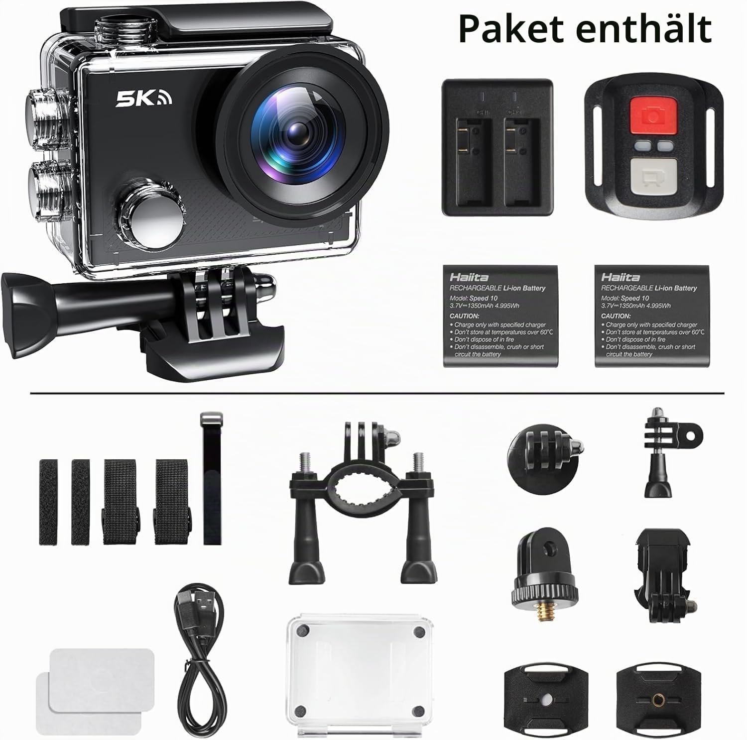 Action Cam, 5K30FPS 30MP Action Cam 40M Unterwasserkamera wasserdichte WiFi 170° Ultra-Weitwinkel EIS Action-Kamera 5X Zoom mit Fernbedienung und 2X 1350mAh Akkus(Black, SP10v19)