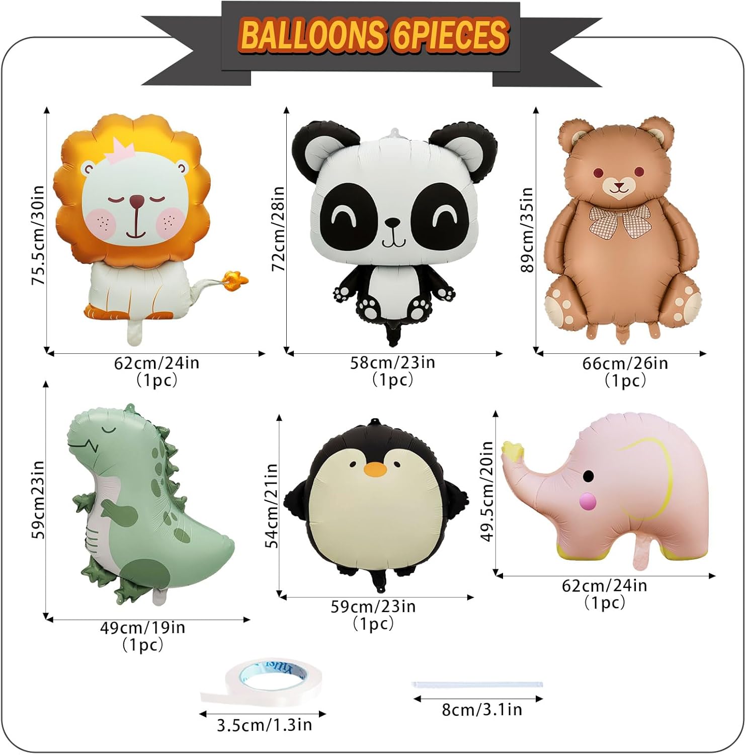 6 Pcs Cute Animal Balloons Giant Jungle Safari Animal Foil Balloons Set for Lions pandas, dinosaurs, elephants, penguins, and bears for Wildlife Theme Zoo Birthday Baby Shower Party Decor Supplies - Image 2