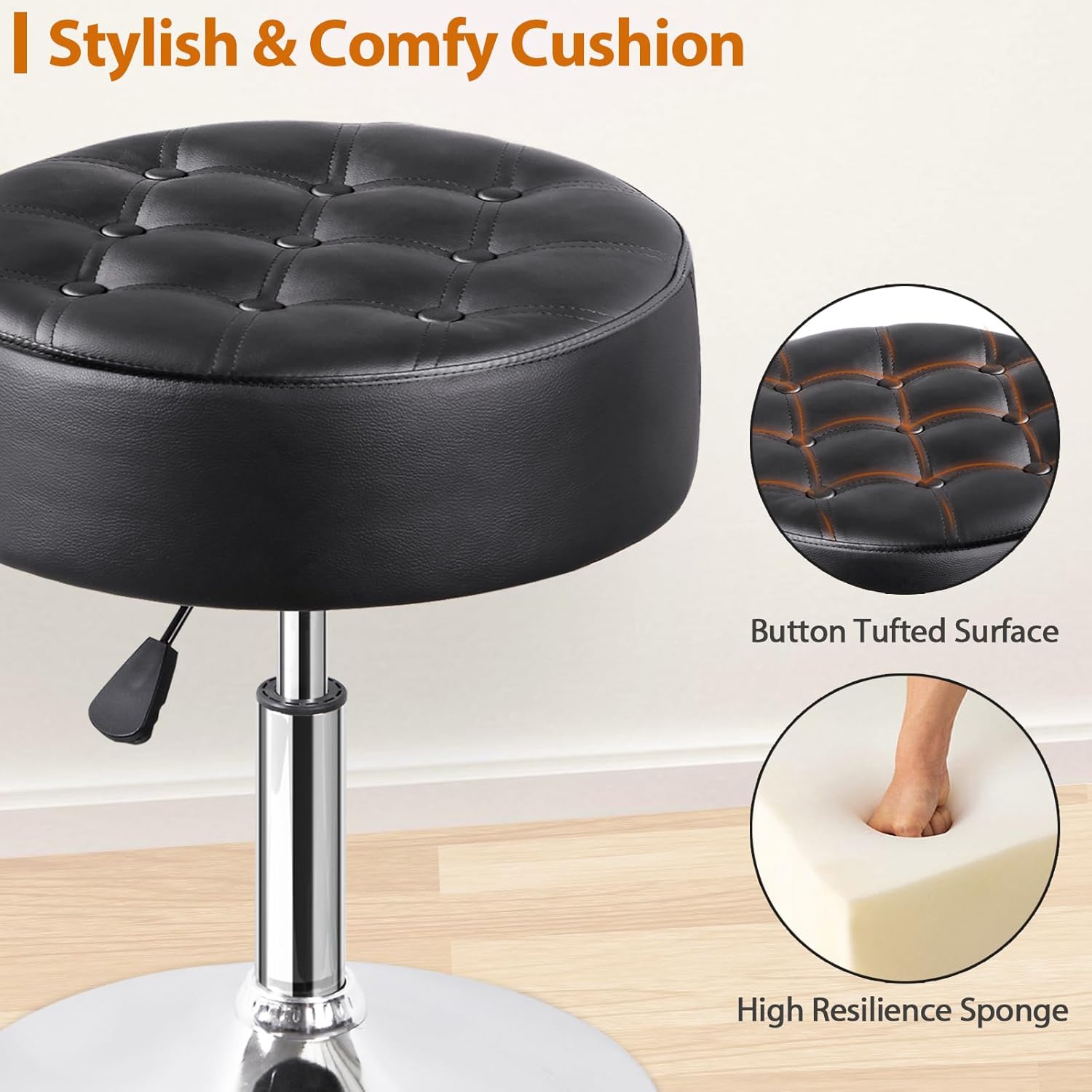LEMY Adjustable Vanity Stool with 360° Swivel,Hydraulic Lift Round Makeup Chair Ottoman with Stable Base for Home Beauty Studio,Bedroom and Bathroom,Black