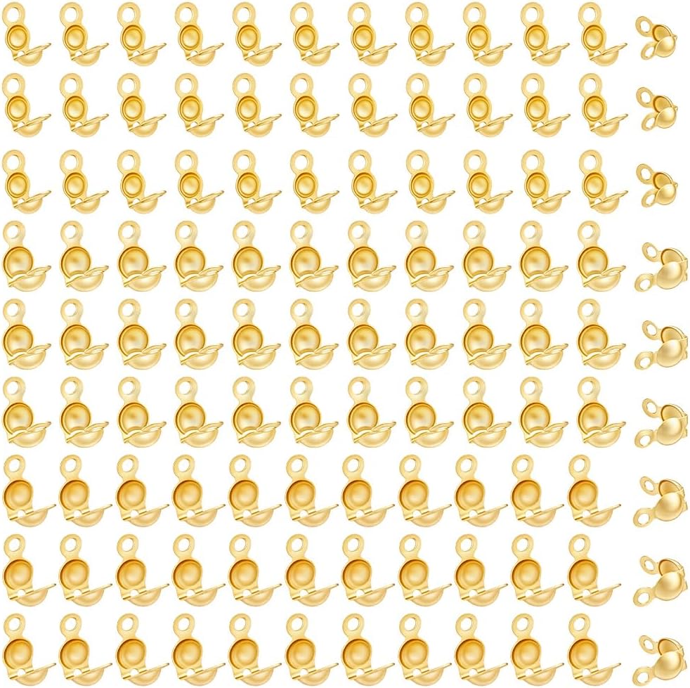 150PCS 18K Gold Plated Clamshells Crimp Bead Tips Knot Covers for DIY Crafting Jewelry Making, 3 Sizes | 150PCS, Knot Covers, Fold-Over Open End Caps for DIY Crafting Jewelry Making, Bracelet Necklace Findings, 1~1.6mm Hole