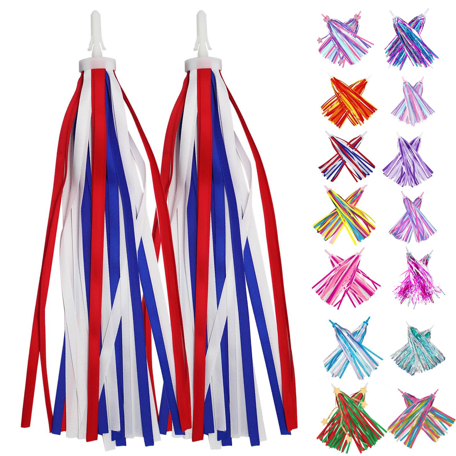PLATT Kid's Bicycle Handlebar Streamers Colorful Ribbons Tassel for Girls Boys Bicycle Handlebar Scooter Handgrip (1Pair) (Red+White+Blue)