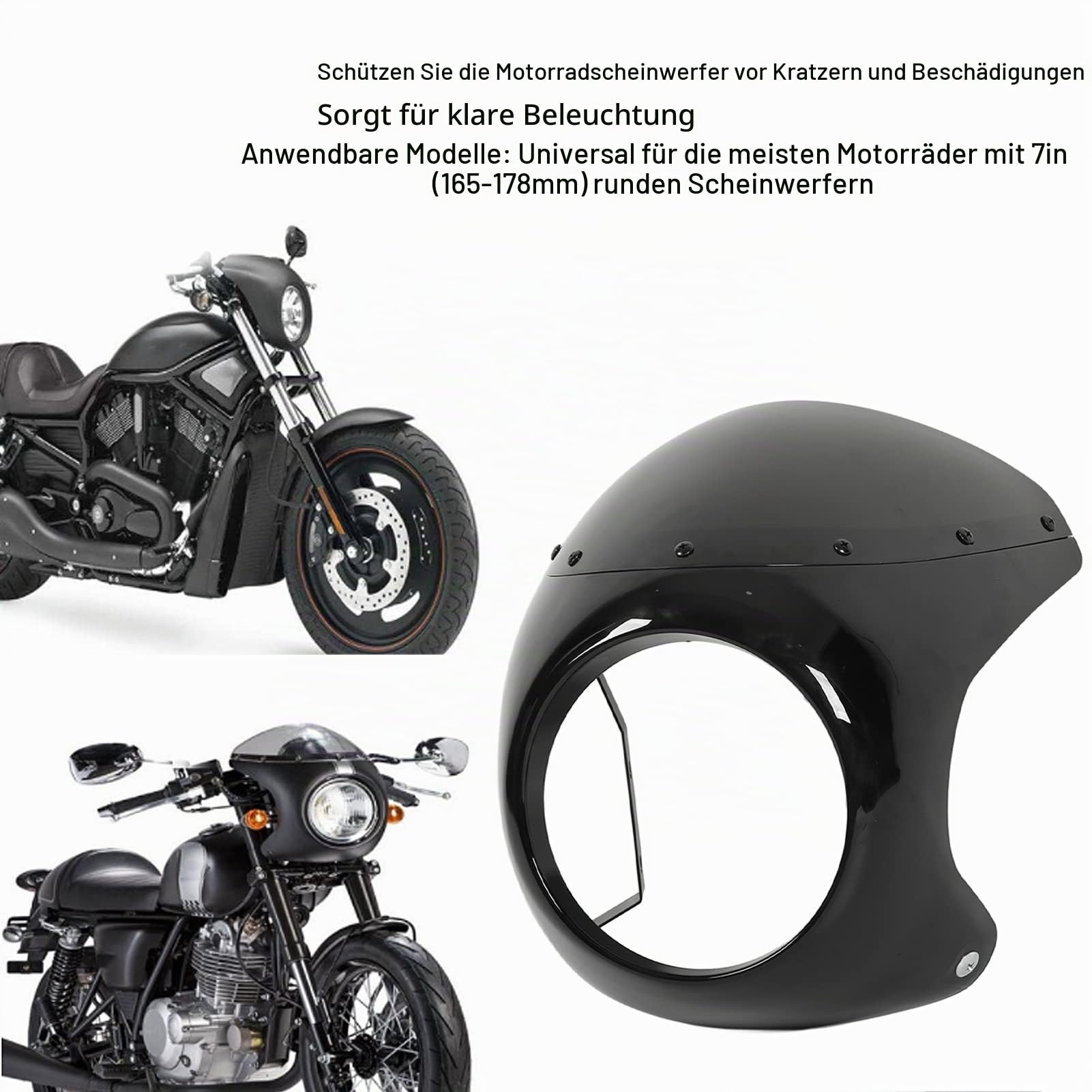 HEEPDD Motorrad-Scheinwerfer-Windschutzscheibe, Alterungsbeständige Front-Motorrad-Scheinwerfer-Verkleidung für Runde Scheinwerfer-Motorrad (Glänzend schwarz)