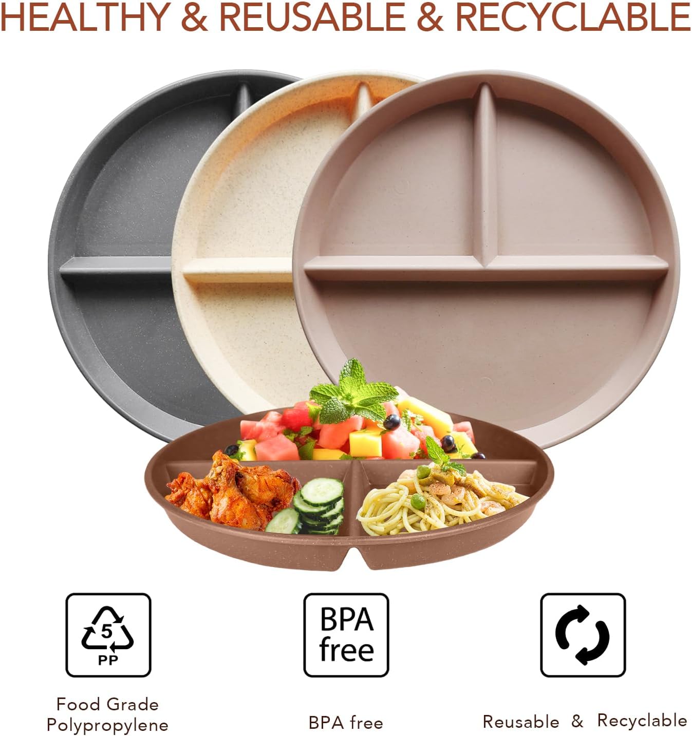 greenandlife 9 Inch 4PCS Unbreakable Portion Control Plates, Divided Plates for Kids Adults, Dishwasher & Microwave Safe Compartment Plate, Lightweight Reusable Wheat Straw Plate, BPA Free - Image 4