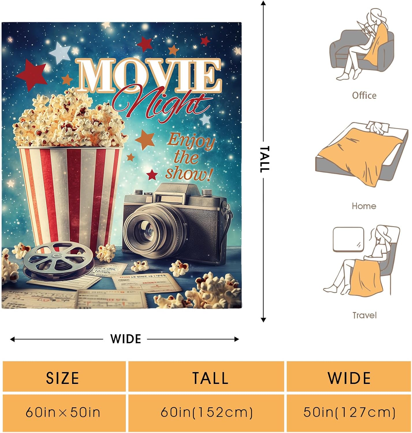 Movie Theater Popcorn Blanket Cinema Gifts for Men Women Boys Adult Teen Kids Birthday for Mom Dad Husband Fathers Day Presents Camera Movie Room Decor Throw Blankets 50"x60" - Image 2