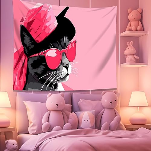 Miniatura 4 de QGHOT Tapiz divertido de gatos, animales divertidos para colgar en la pared, gato rosa con gafas de sol, tapiz colgante de pared para dormitorio,