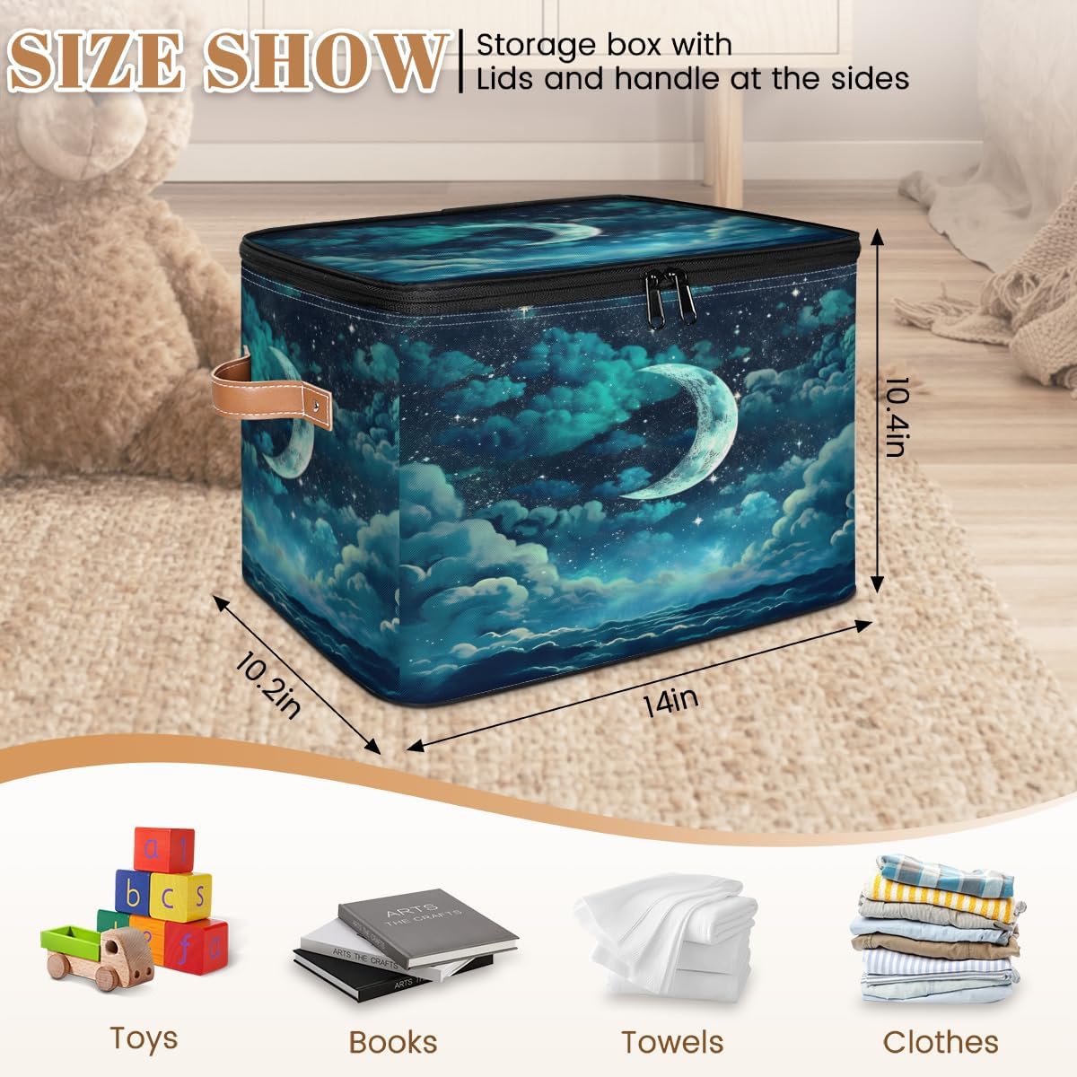 Storage Bin Set of 2 Moon Star Sky Storage Basket with Zipper Lid & Handle Foldable Closet Shelf 2 Pack Cloth Organizer Basket Cube Bins Clothes Organizer for Bedroom, Nursery