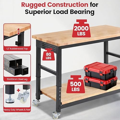 Miniatura 2 de Banco de trabajo con ruedas de 60 x 22 pulgadas, mesa de trabajo de madera de caucho resistente, mesa de trabajo de garaje de altura ajustable con
