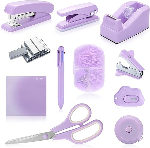 Kit de accesorios de escritorio morados, juego de suministros de oficina, juego de grapadoras de escritorio, incluye removedor de grapas,