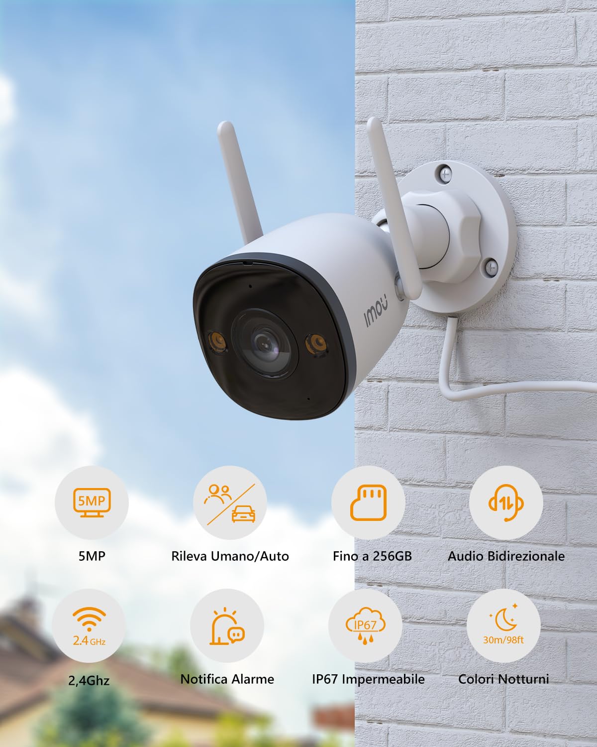 Imou 5MP Telecamera Wi-Fi Esterno, Videocamera Sorveglianza con Rilevamento IA Umano/Auto, Audio Bidirezionale, Visione Notturna a Colori, IP67, Compatibile con Alexa, 2,4GHZ, Bullet 3 5MP