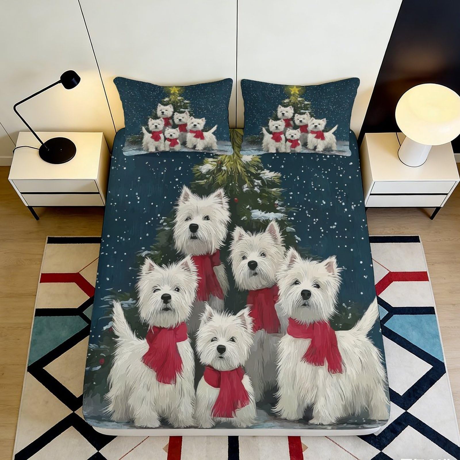 Pnayamiorkfel Style-2 3D Printed Christmas Westie Dog Fitted Sheet Microfiber Soft Breathable Snow Scene Bed Cover For Bedroom Guest Room Decor 90X200x25cm