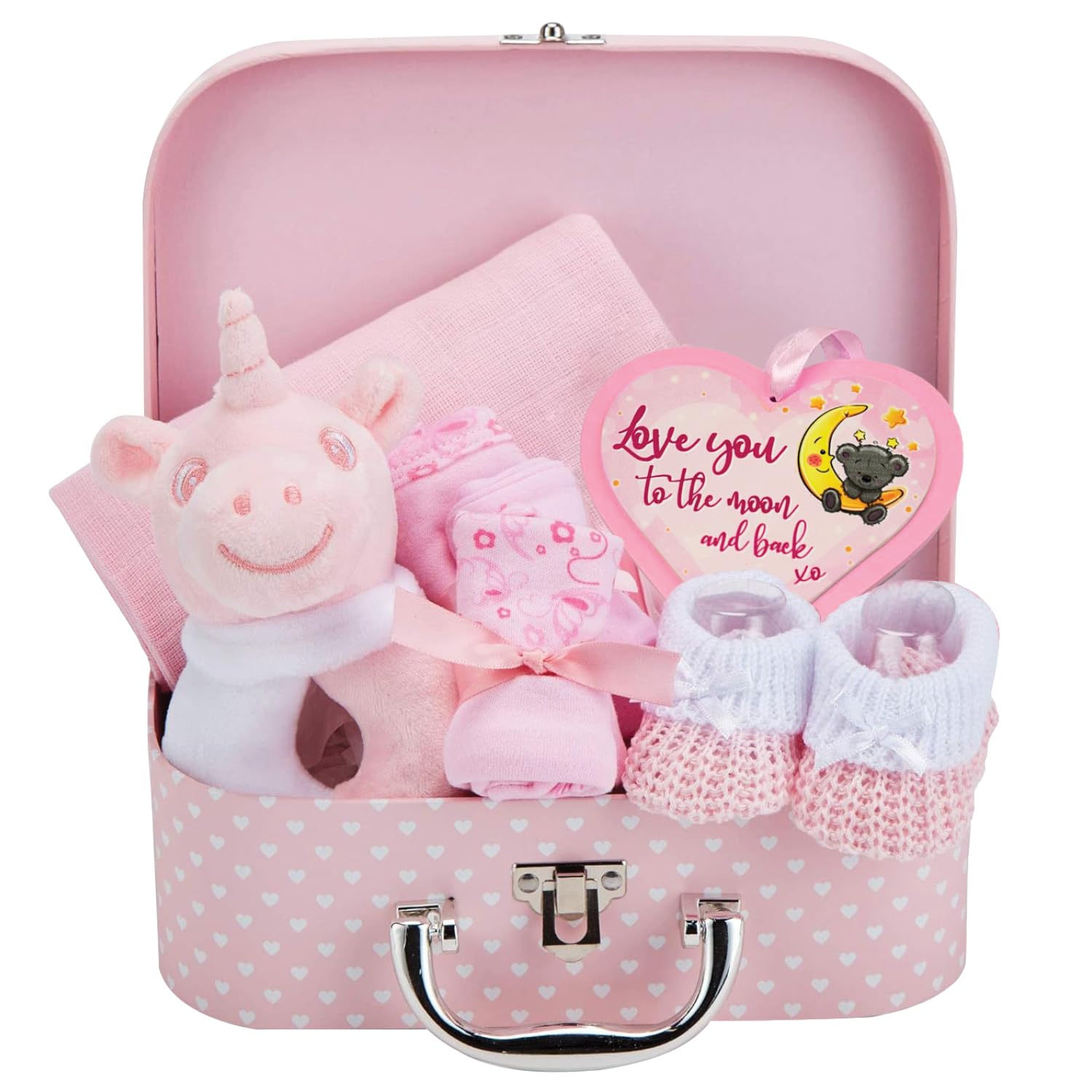 Box Shop Babyparty Mädchen Geschenk - 7 Baby Geschenkset, Für Neugeborenes, Zur Geburt - Rosa