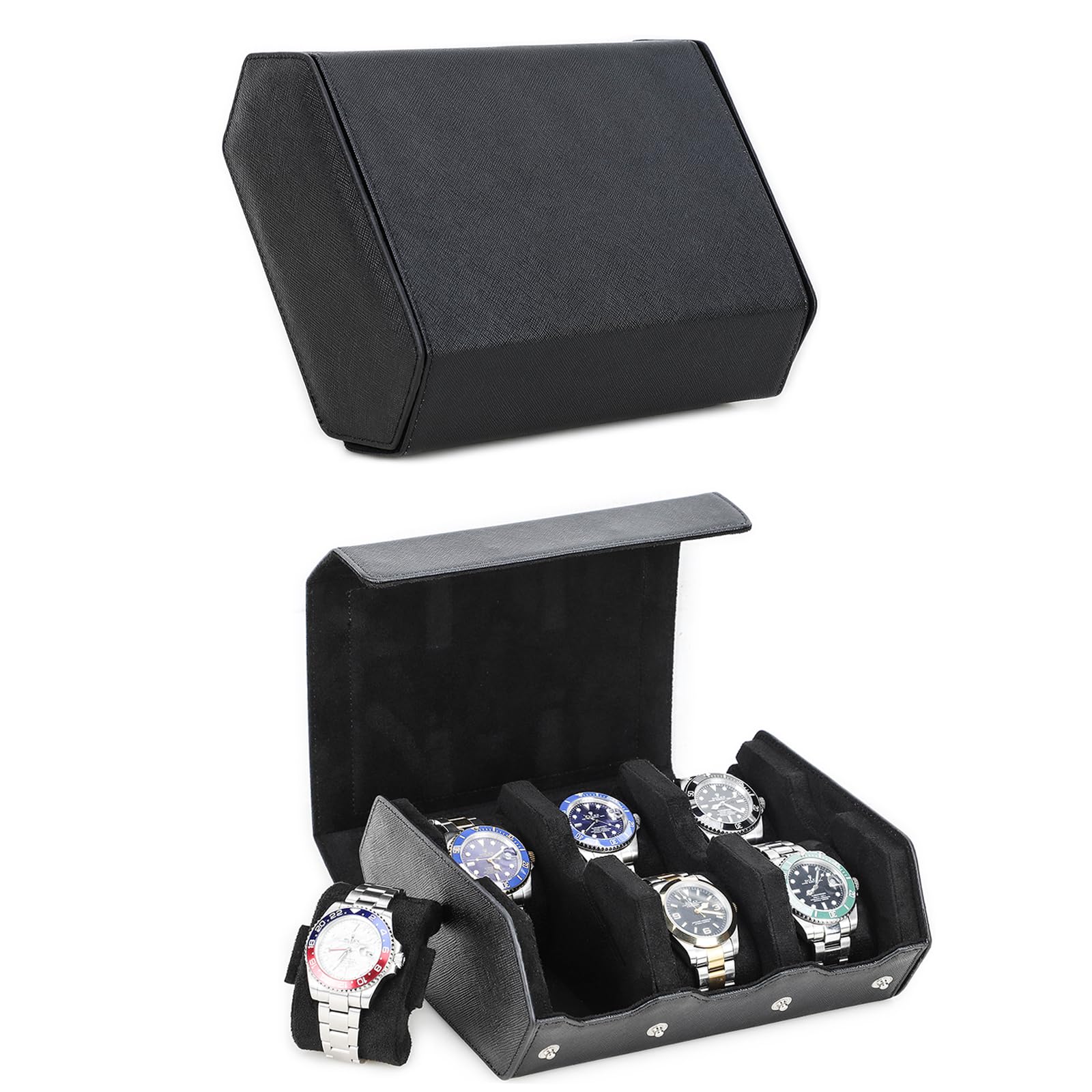 HVMBEUGOS Hiram Watch Storage Case Genuine Leather Hexagon Watch box for 6 Watches Protective Storage Organizer Box for Watches (Black)