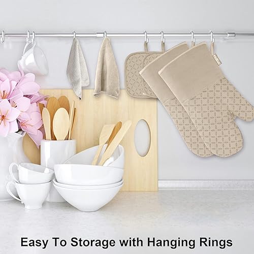 Miniatura 100 de KEGOUU Juego de 6 manoplas para horno y soportes para ollas, guantes para horno de cocina, resistentes al calor, 500 grados, extra largos, Azul cielo