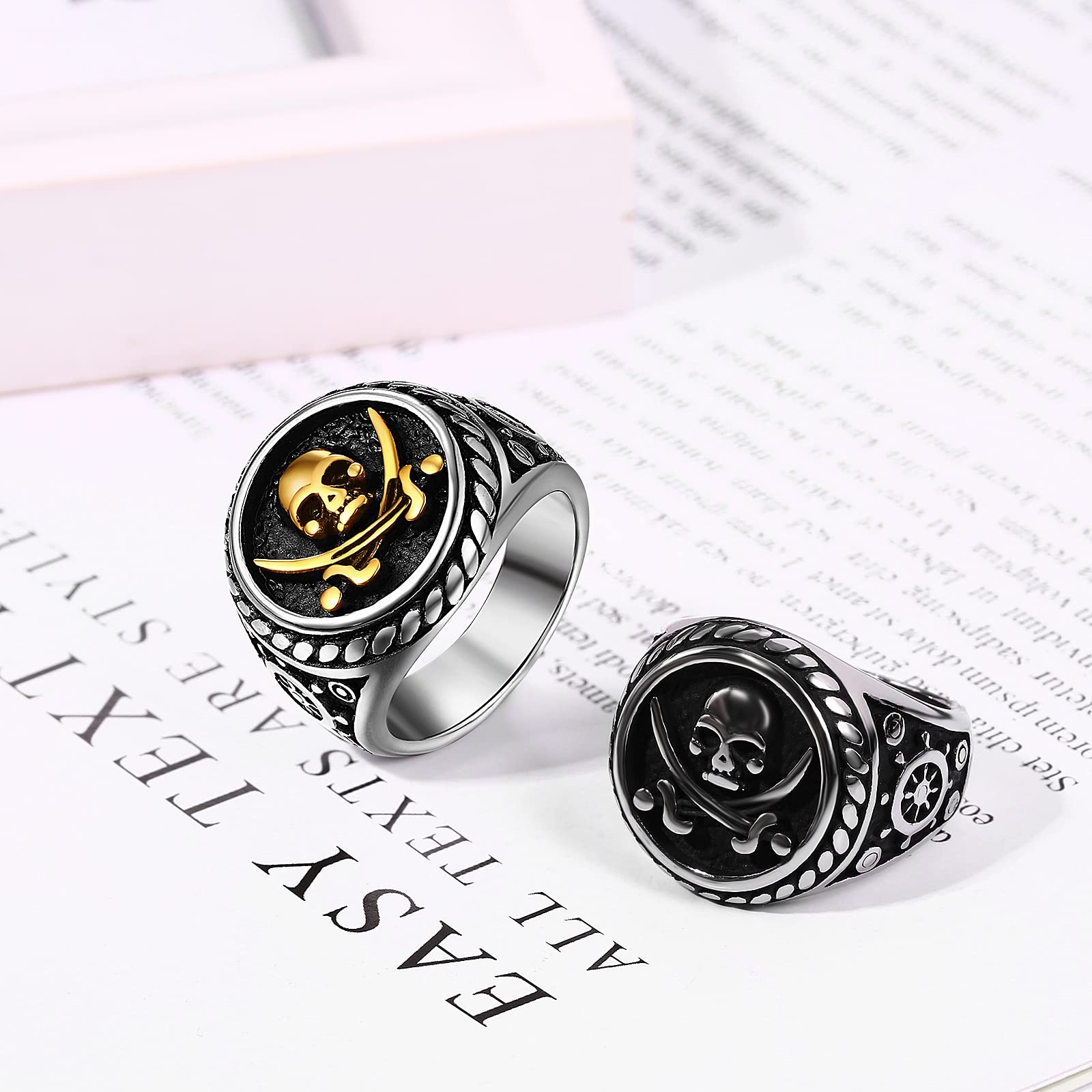 JewelryWe Męskie pierścienie z czaszką vintage fajny punkowy nóż piracki śmierć rowerzysta pierścionki opaska na Halloween przyjęcie koktajlowe