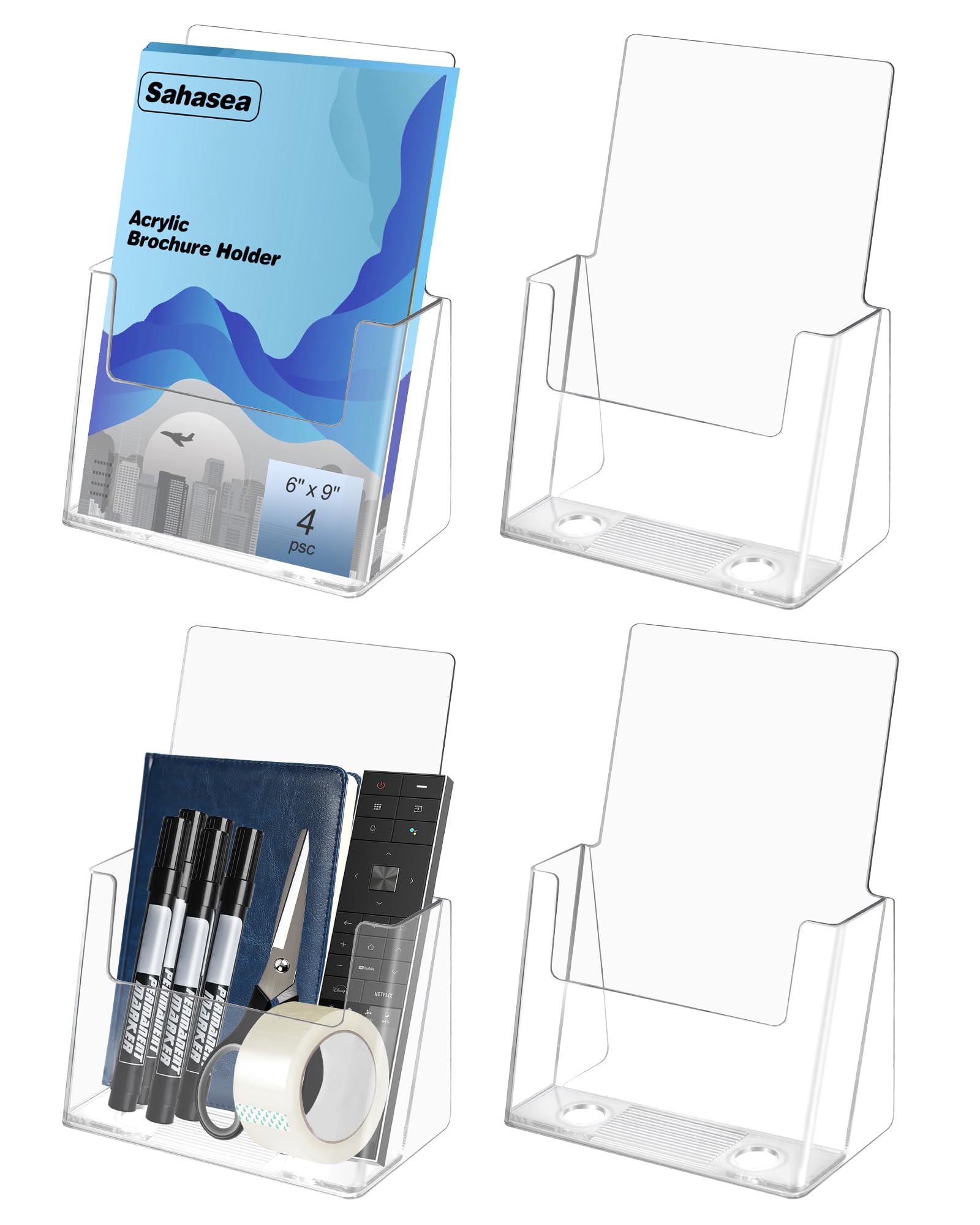 Soporte para folletos de 6 x 9 pulgadas, paquete de 4 soportes para folletos para bienes raíces, soporte de acrílico transparente para exhibición de folletos para tienda, oficina, revistero