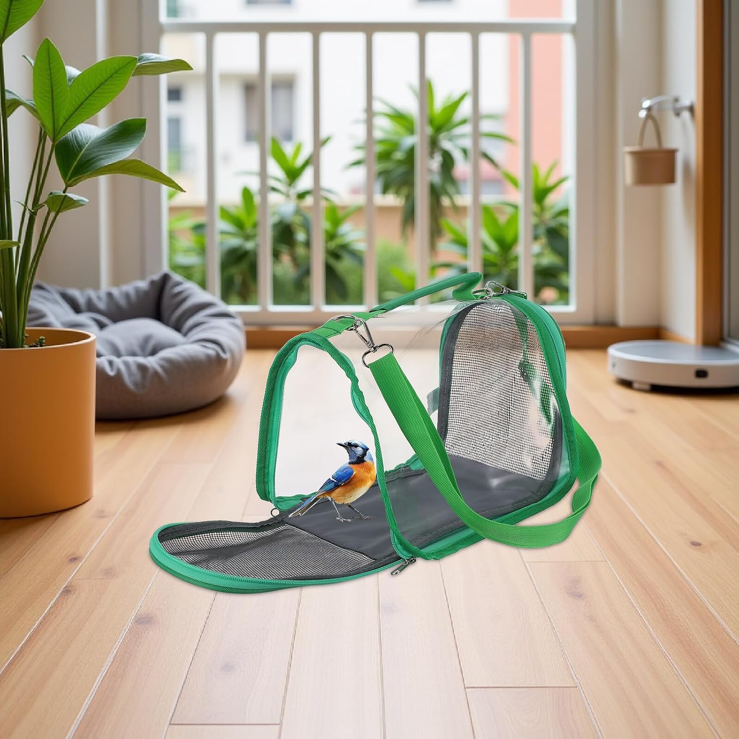 SHOWERORO Portable Bird Travel Carrier Cage with Strap and Handle Small Green Plastic Bird Cage for Parakeet Conure Budgie Lightweight for Hiking and Vacation Trips