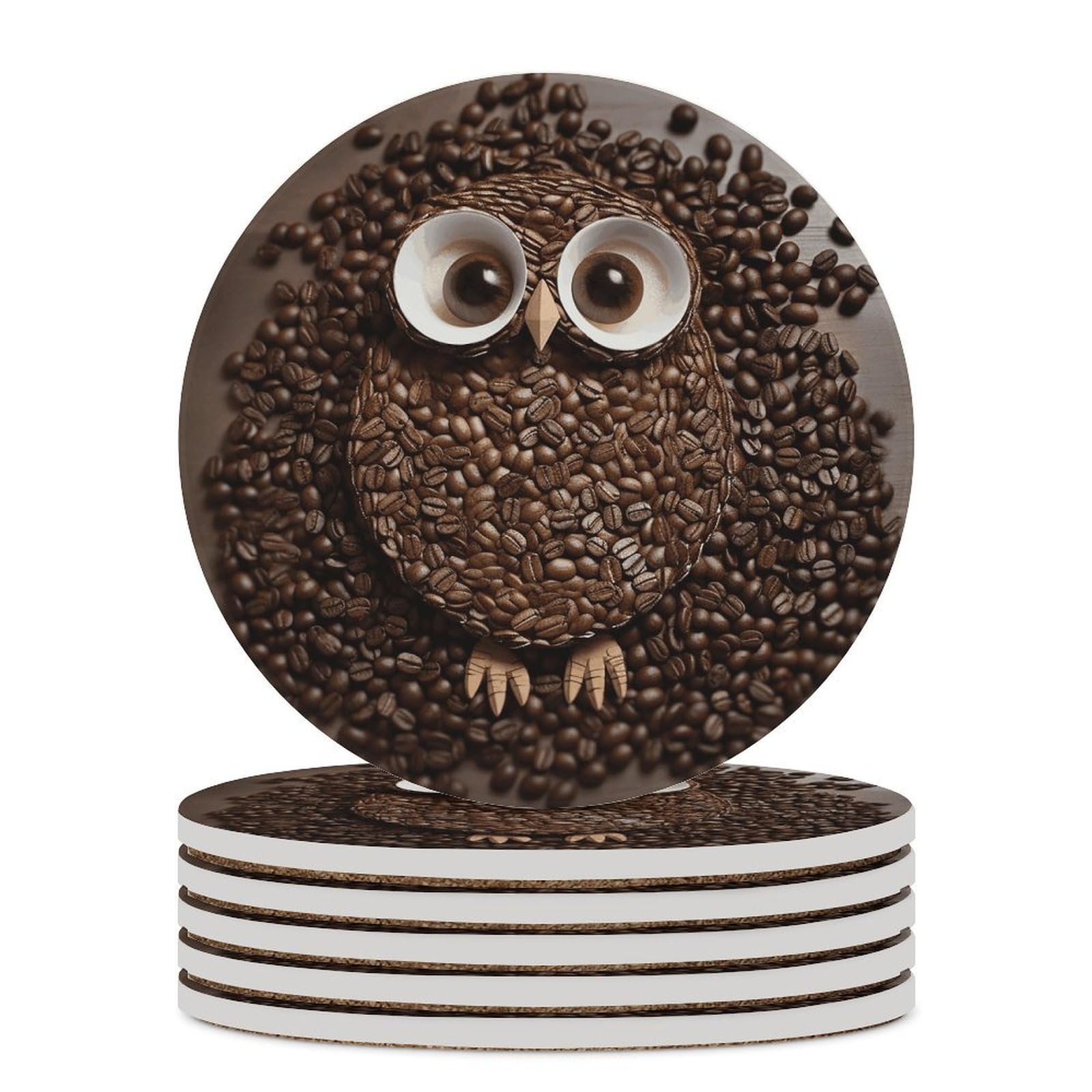 Coffee Bean Owl Coaster with Cork Base Drink Coasters for Coffee Table Decor Modern Cup Coasters with Non-Slip & Heat-Resistant Cute Ceramic Table Coaster for Home Dining