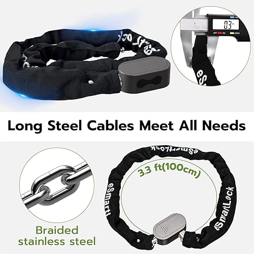 Miniatura 5 de Candado de cadena para bicicleta, 3.3 pies de largo, 0.315 in de largo, cadena de acero con llave de huellas dactilares Bluetooth, control de
