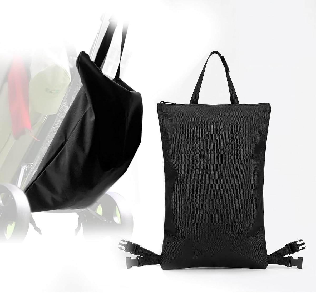 Golf Push Cart Storage Organizer Bag, Oxford Cloth, Solid Black | Zipper Closure, 3 Adjustable Buckles, Inner Waterproof Coating & Mesh Pocket