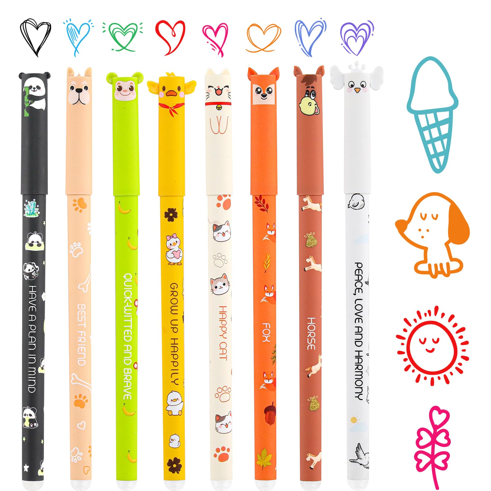 8 bolígrafos de gel borrables de gel borrables con goma de borrar, diseño de animales, 0,7 mm, escritura suave, tinta térmica, multicolor, artículos de papelería para la escuela o la oficina
