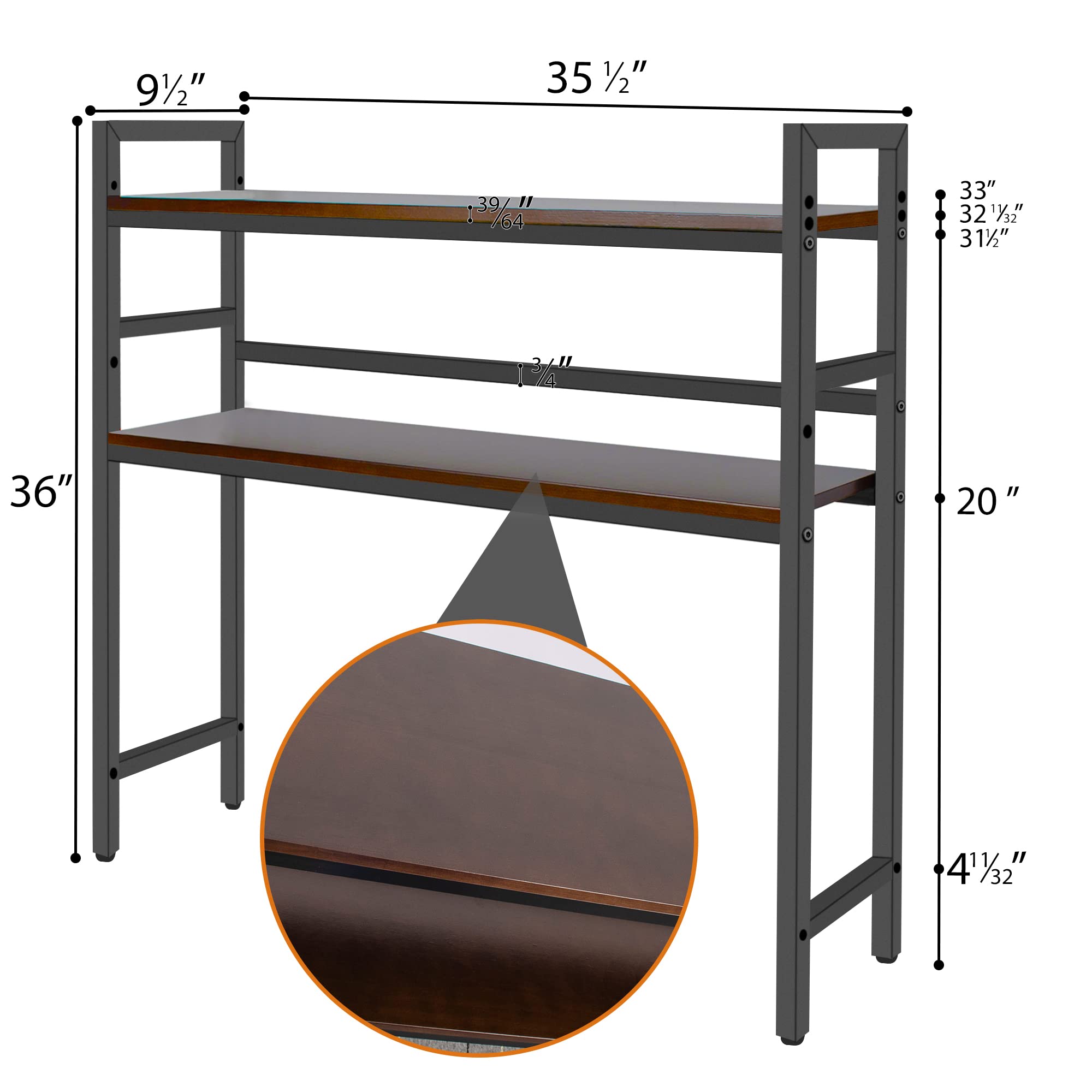 ITHWIU Vintage Metal and Wooden 2-Tier 35.5 INCH Length Desktop Bookshelf, Computer Desk Bookshelf, Office Supplies Desk Organizer Display Rack, Dark Brown