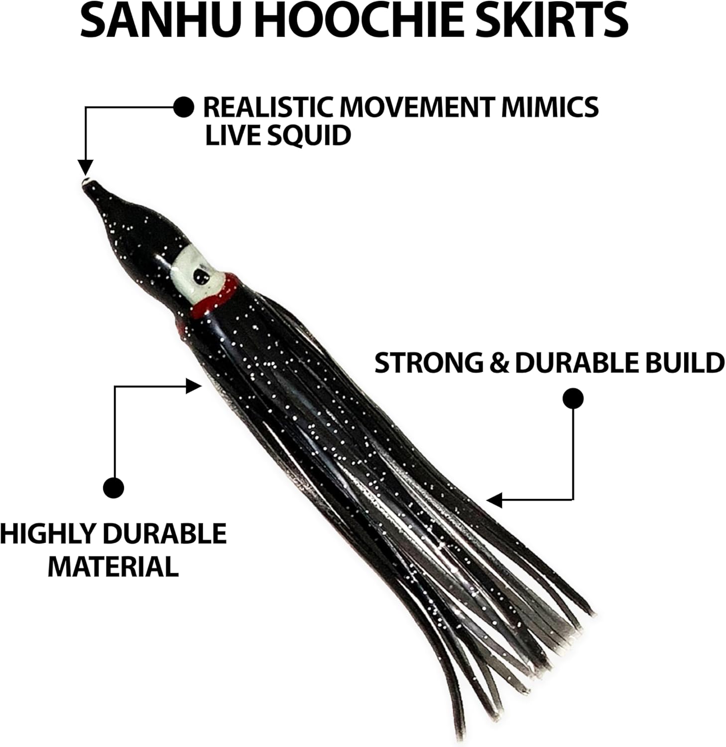 4.75" Hoochie Squid Skirts, 40 Pcs Black Color, for Saltwater & Freshwater Trolling, Includes Soft Plastic Bodies, Ideal for Tuna, Salmon, Mahi & Offshore Game Fishing