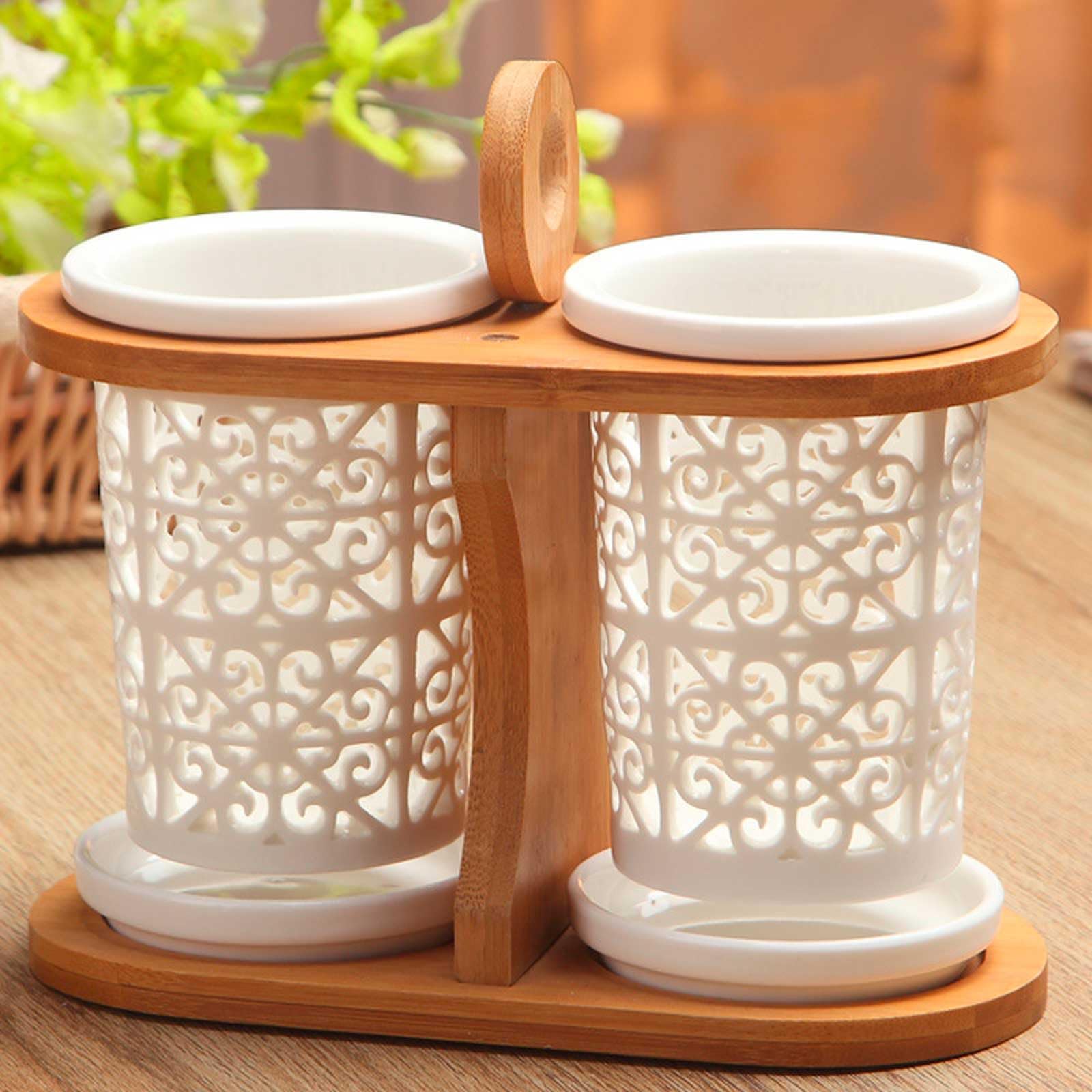 Portaposate Scolaposate, Portaposate Pratico per Il Lavello, Bacchette, Cucchiai, Spatole, Scolapiatti da Cucina con Scomparto Staccabile, in Legno e Ceramica, Bianco