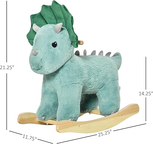 Miniatura 7 de Qaba Kids Caballo de montar de peluche con forma de Triceratops, juguete mecedora con sonidos realistas para niños de 36 a 72 meses, verde oscuro