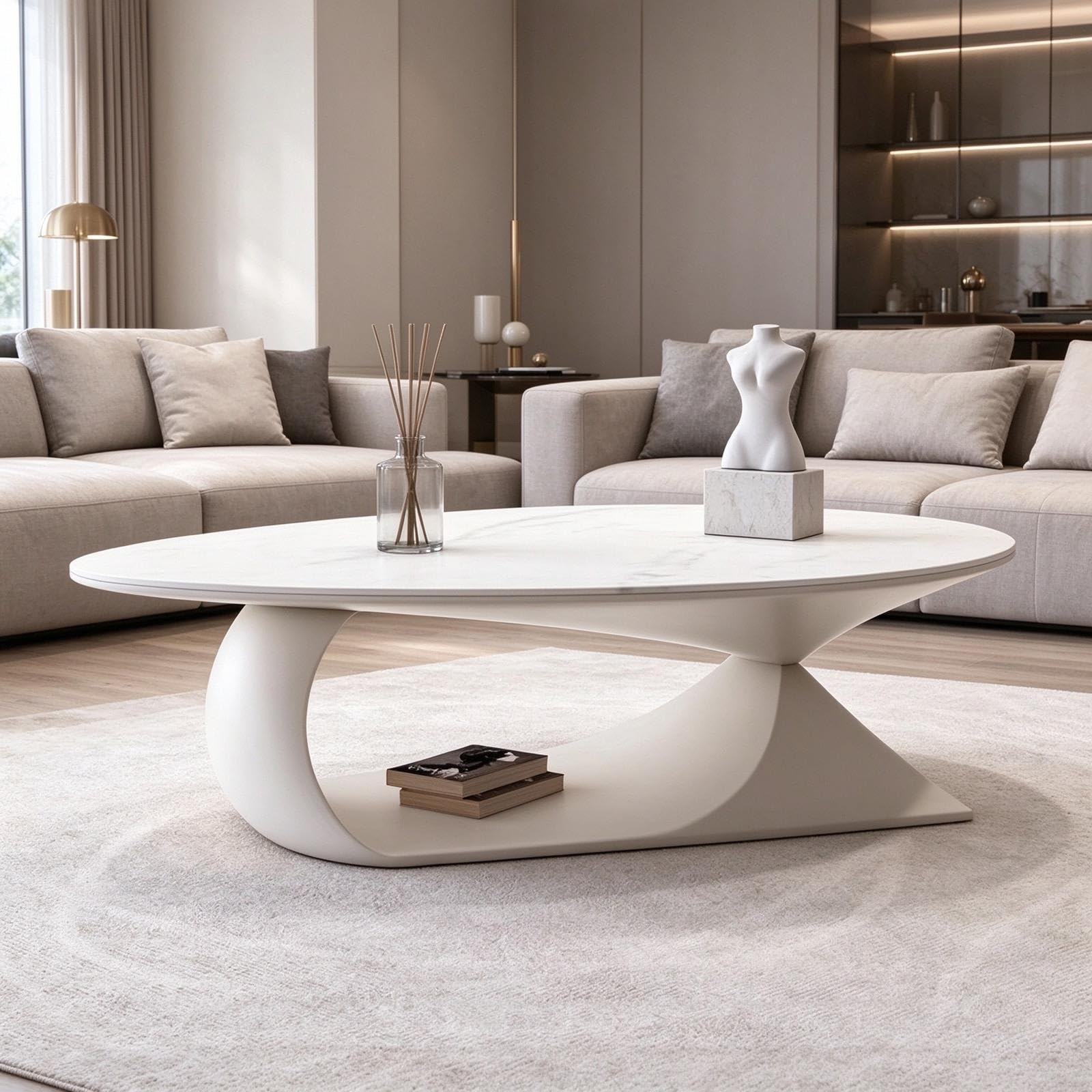 Mesa de Centro Ovalada Moderna, Piedra y Base Madera Maciza
