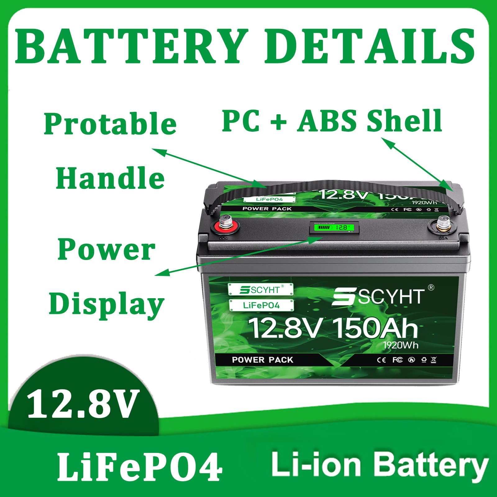 Batería repuesto 12,8 V Batería litio 150 Ah Baterías de iones de litio 12,8 V y 150 Ah Baterías LiFePO4 para energía solar para motores 250 W a 2000 W con BMS y pantalla