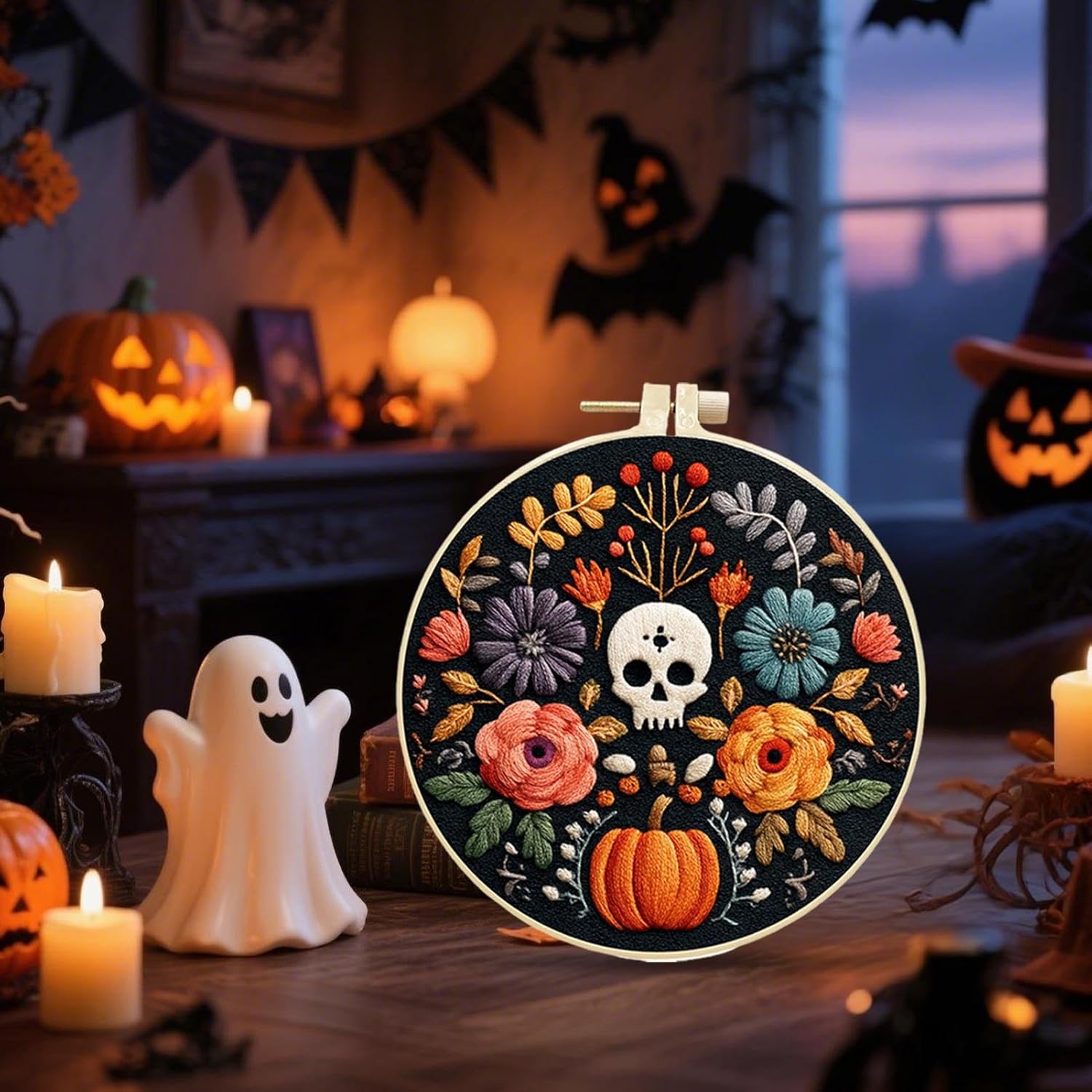 5pcs Dia De Muertos Embroidery Kit, Skull Crossstitch Kits with Tool and Instruction, Day of The Dead Embroidery Halloween Handmade Gift