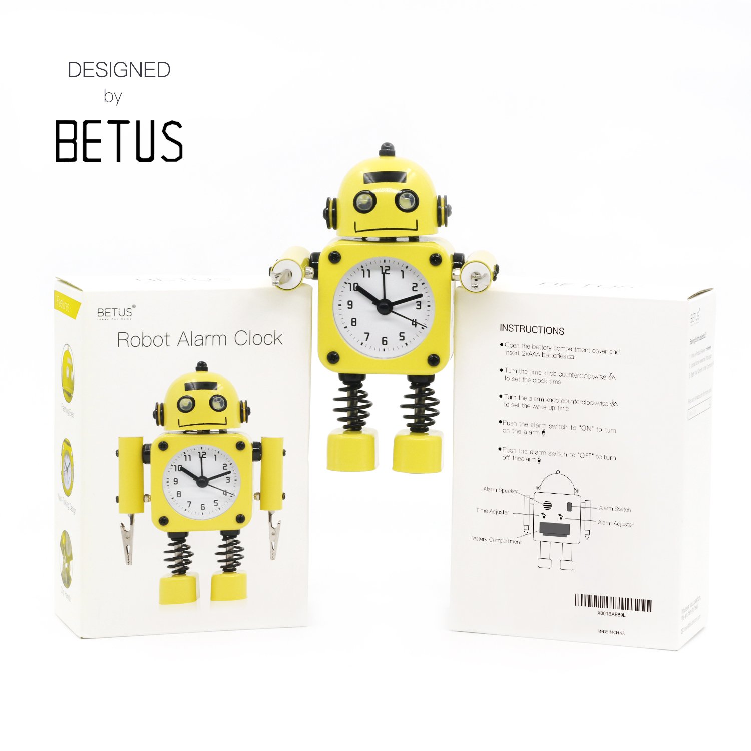 Betus [Sveglia robot senza ticchettio, in metallo inox, sveglia con luci lampeggianti e clip a mano (giallo)
