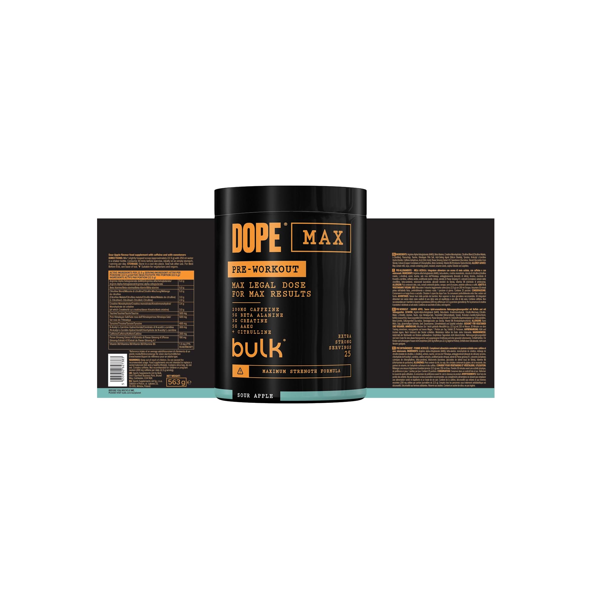 Bulk Dope Max Poudre Pré-Entraînement | 563 g | 25 portions | Haute Teneur en Caféine 200mg | 5g Bêta-Alanine | 3g Créatine | Mélange AAKG & Citrulline | Vitamine B6 | Sour Apple