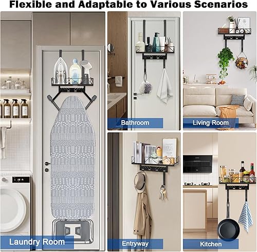 Miniatura 8 de Soporte de metal para tabla de planchar sobre la puerta o la pared, estante de almacenamiento para tabla de planchar con ganchos ajustables para