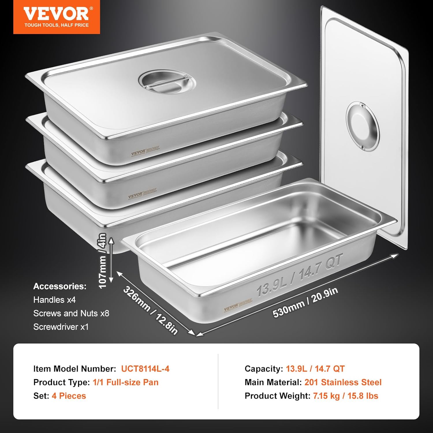 VEVOR 4 Pack Stainless Steel Hotel Pans with lid,Full Size 4 Inch Deep 0.8mm Thick Anti-Jam Commercial Food Pans for Steam Tables, Restaurants, Catering & Industrial Use - Image 8