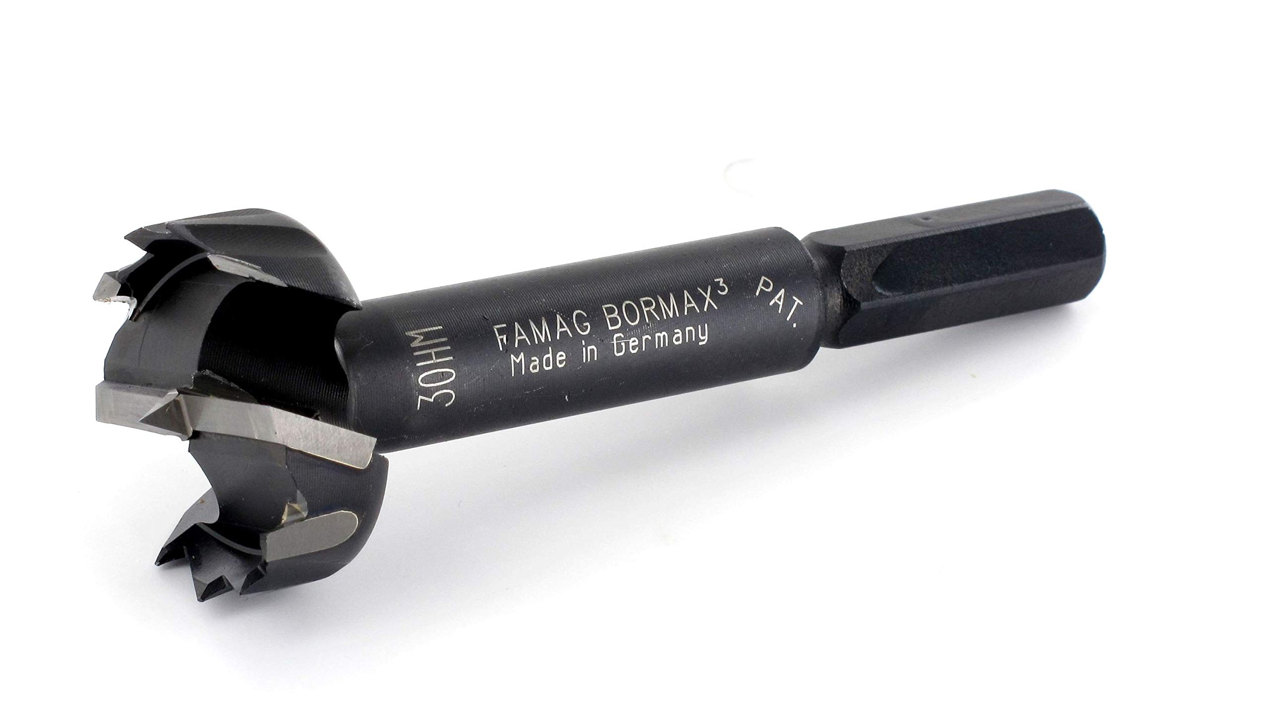 FAMAG Bormax - Juego de brocas Forstner de metal duro D = 15, 20, 25, 30, 35, 40, 50 mm, punta de centrado, corte principal HM y corte perimetral dentado equipado con HM, en caja de madera