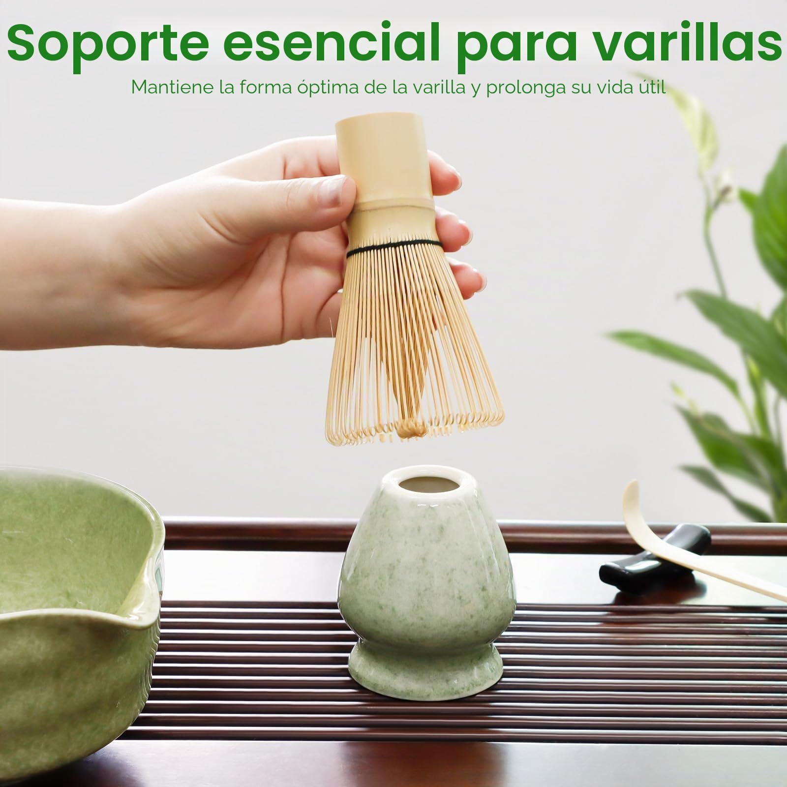 Kit de Ceremonia Japonesa del Matcha de 7 piezas, Batidora de Matcha de Bambú, Cuenco de Matcha, Cuchara, Colador, Portacucharas, Soporte para la Batidora, Juego Completo de Matcha, Verde jaspeado