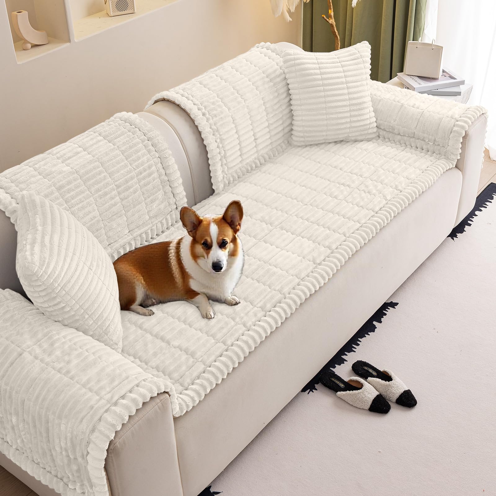VFGFDJNDFX slumber paws sofa covers, Corduroy Sofa Cover 1 2 3 4 Seater, Non-Slip Plush Sectional Sofa Slipcovers, Pet Proof Furniture Protector (Whisper White,Pillow Case)